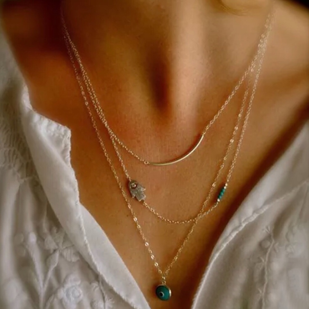 Boho Multi Layer Hamsa Fatima Evil Eye Necklace - Picture 5 of 7